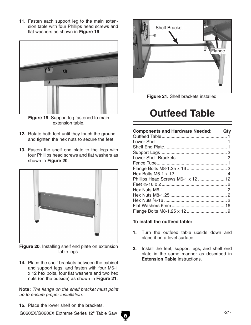 Outfeed table | Grizzly G0605X User Manual | Page 23 / 76