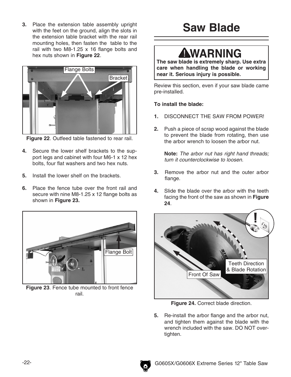 Saw blade | Grizzly G0605X User Manual | Page 24 / 76