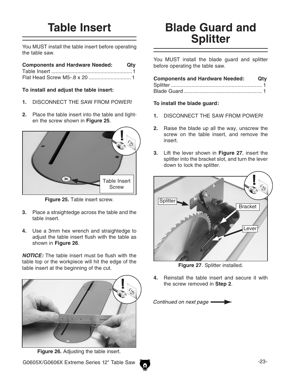 Table insert, Blade guard and splitter | Grizzly G0605X User Manual | Page 25 / 76