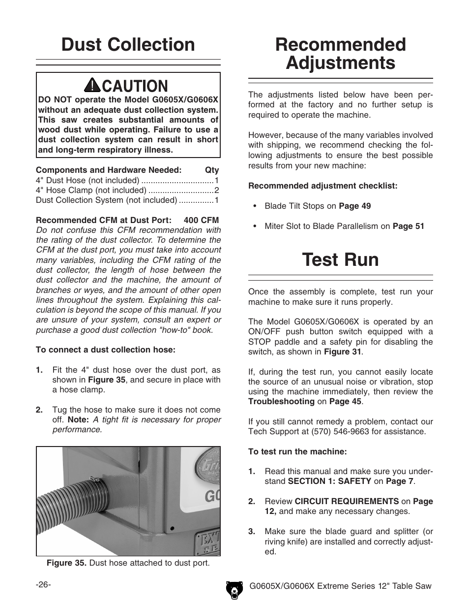 Recommended adjustments dust collection, Test run | Grizzly G0605X User Manual | Page 28 / 76