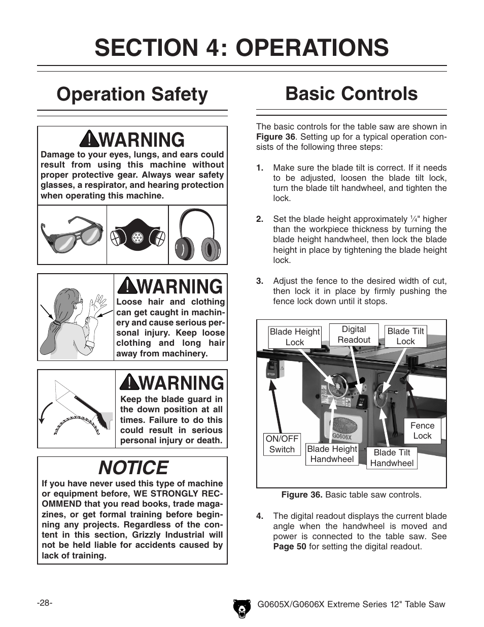 Operation safety, Basic controls, Notice | Grizzly G0605X User Manual | Page 30 / 76