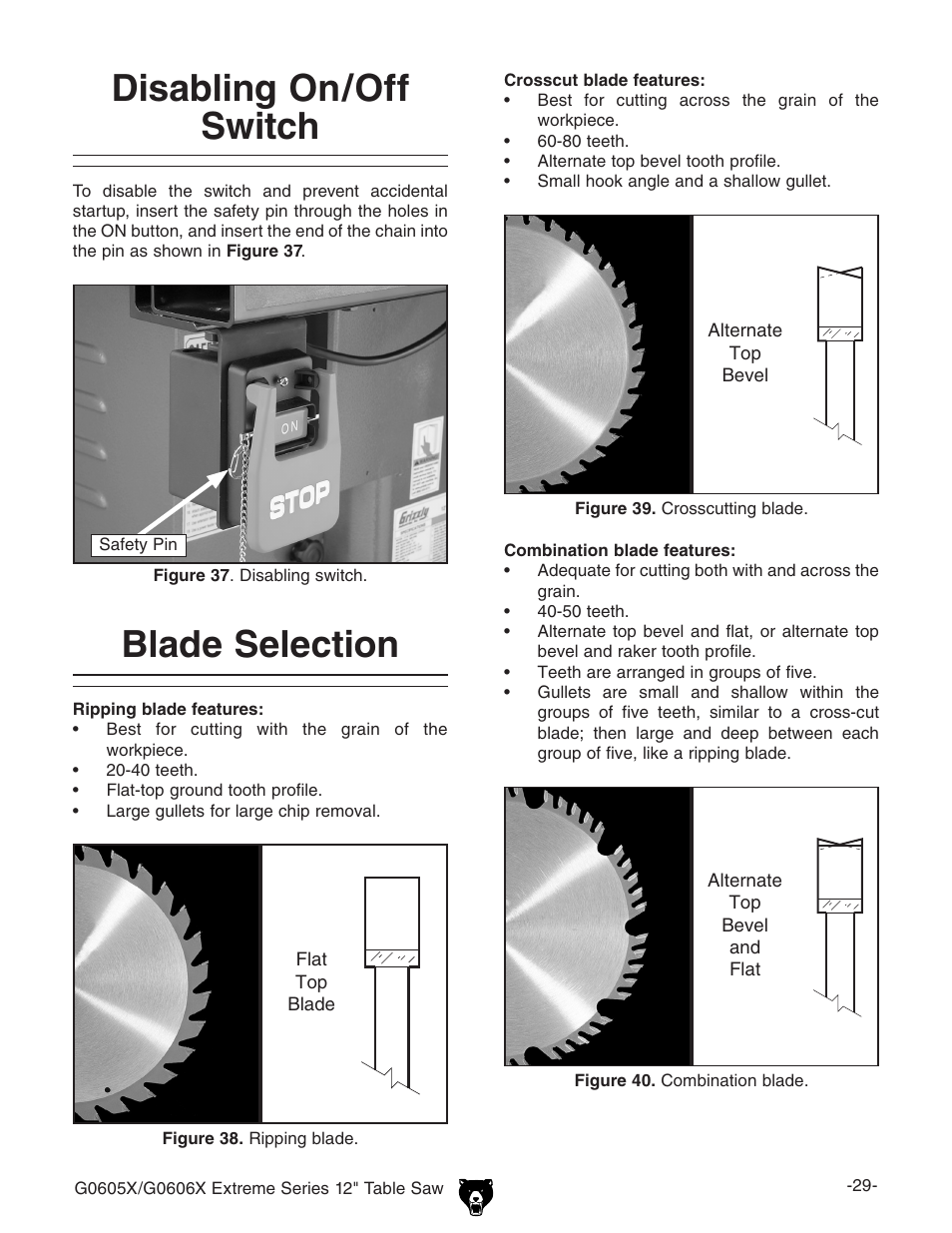 Disabling on/off switch, Blade selection | Grizzly G0605X User Manual | Page 31 / 76