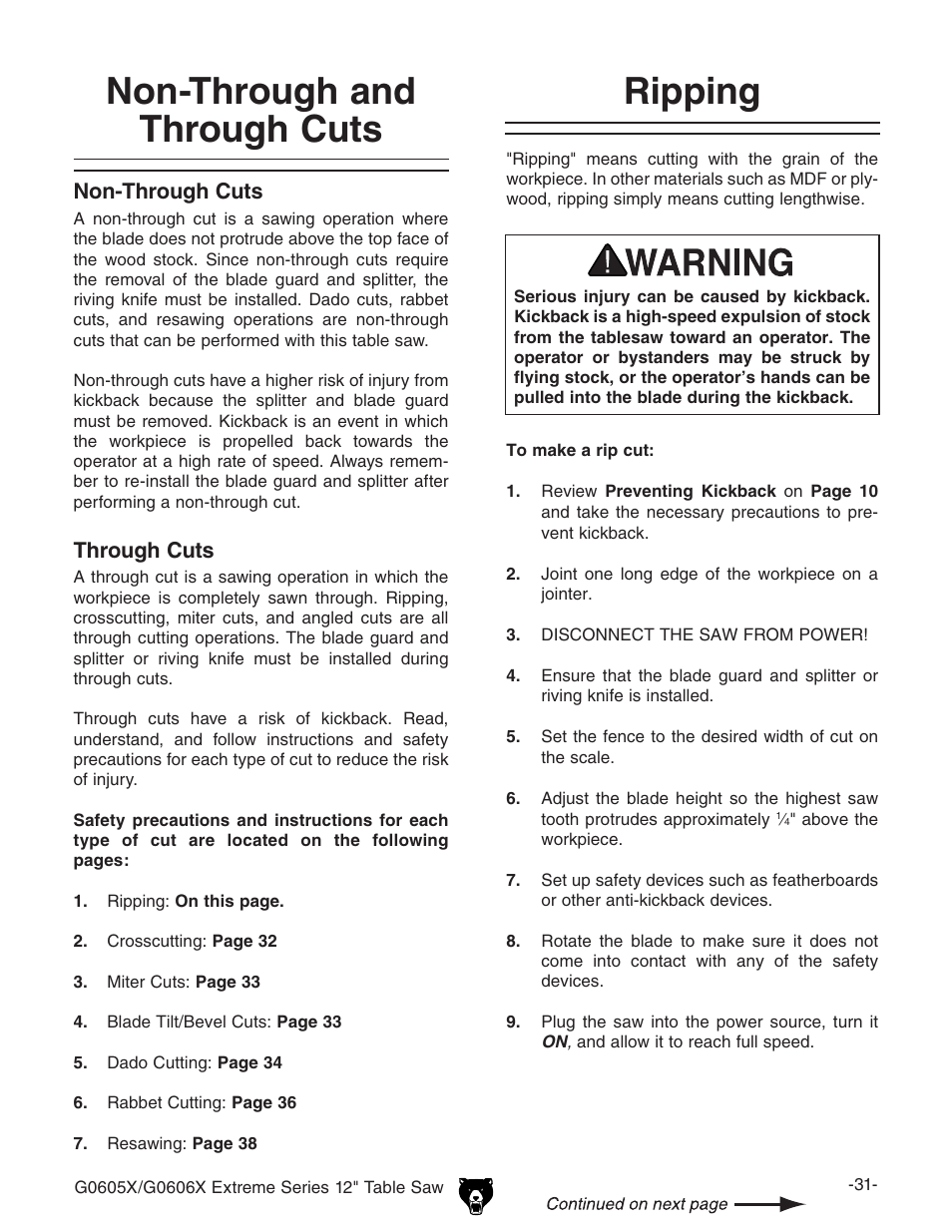 Ripping, Non-through and through cuts | Grizzly G0605X User Manual | Page 33 / 76
