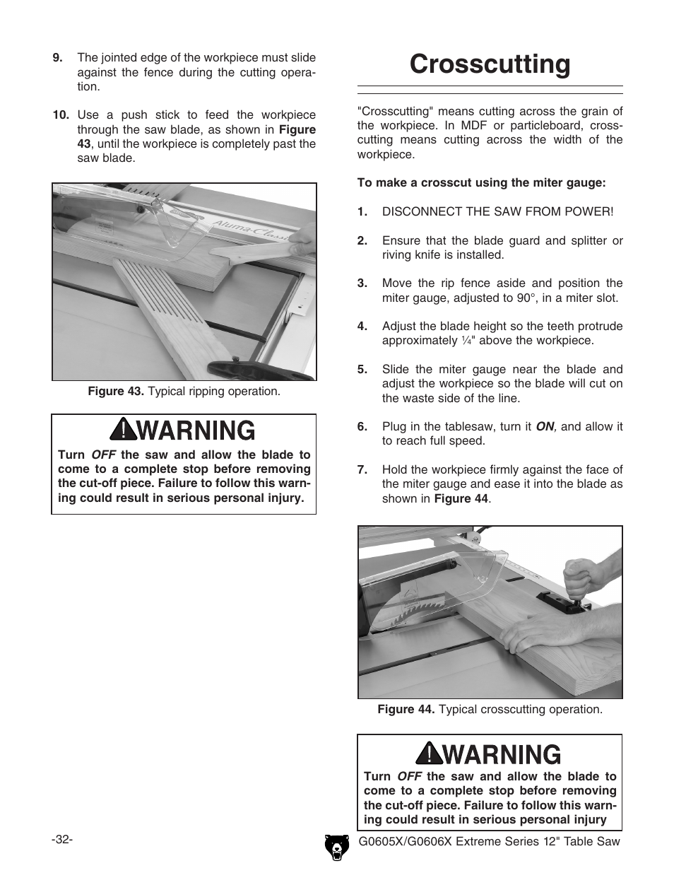 Crosscutting | Grizzly G0605X User Manual | Page 34 / 76
