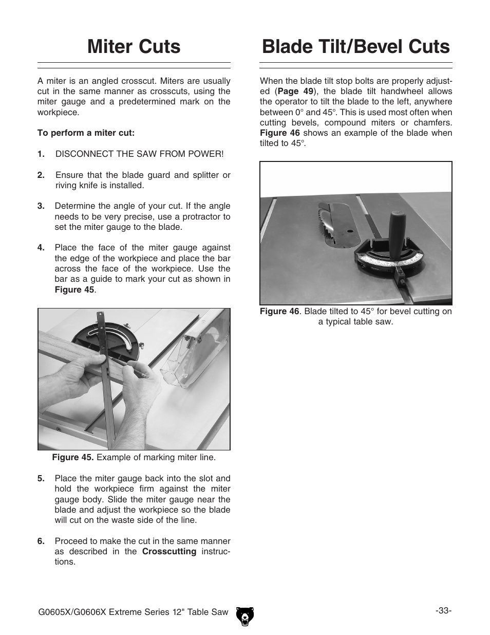 Miter cuts, Blade tilt/bevel cuts | Grizzly G0605X User Manual | Page 35 / 76