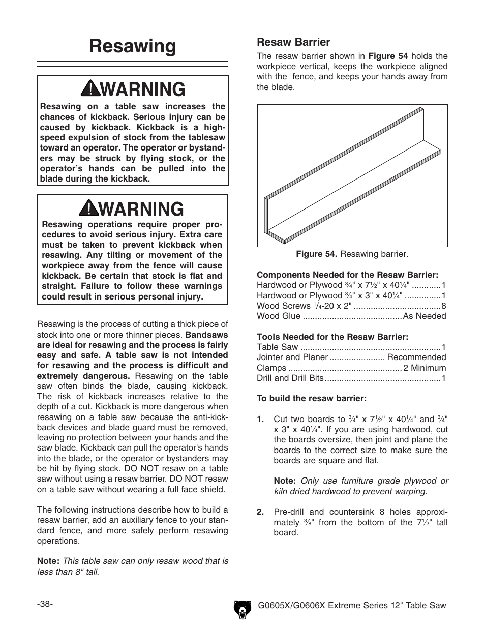 Resawing, Resaw barrier | Grizzly G0605X User Manual | Page 40 / 76
