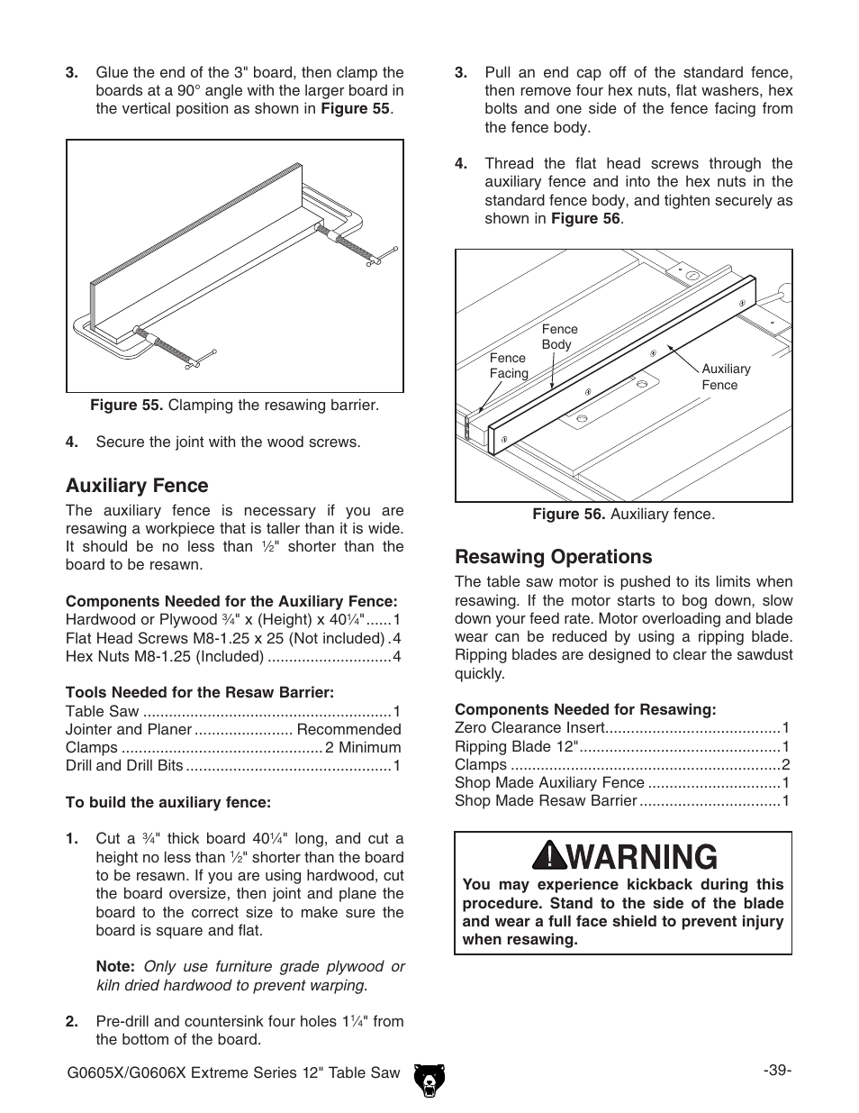 Auxiliary fence, Resawing operations | Grizzly G0605X User Manual | Page 41 / 76