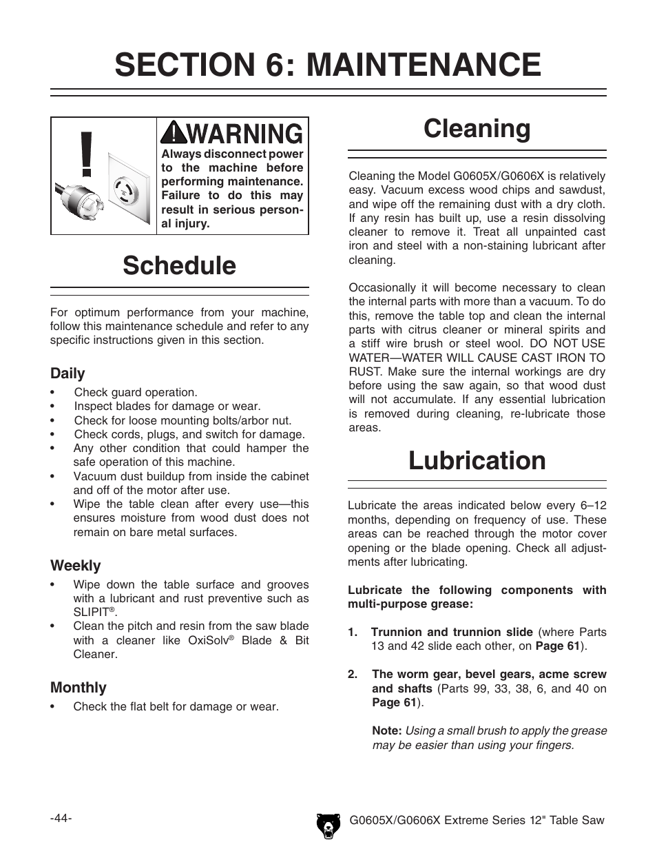 Cleaning, Schedule, Lubrication | Grizzly G0605X User Manual | Page 46 / 76