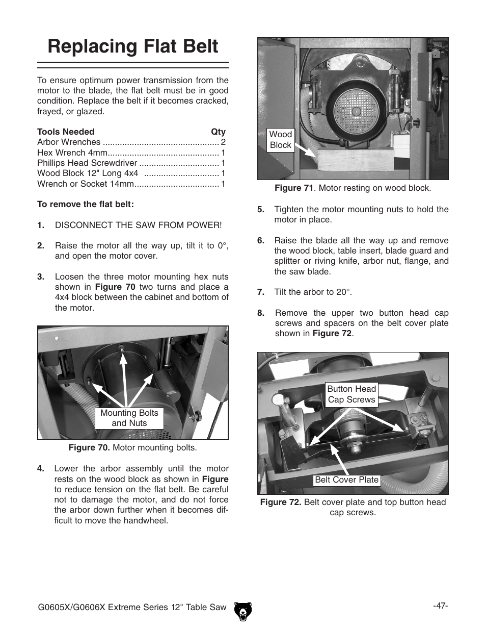 Replacing flat belt | Grizzly G0605X User Manual | Page 49 / 76