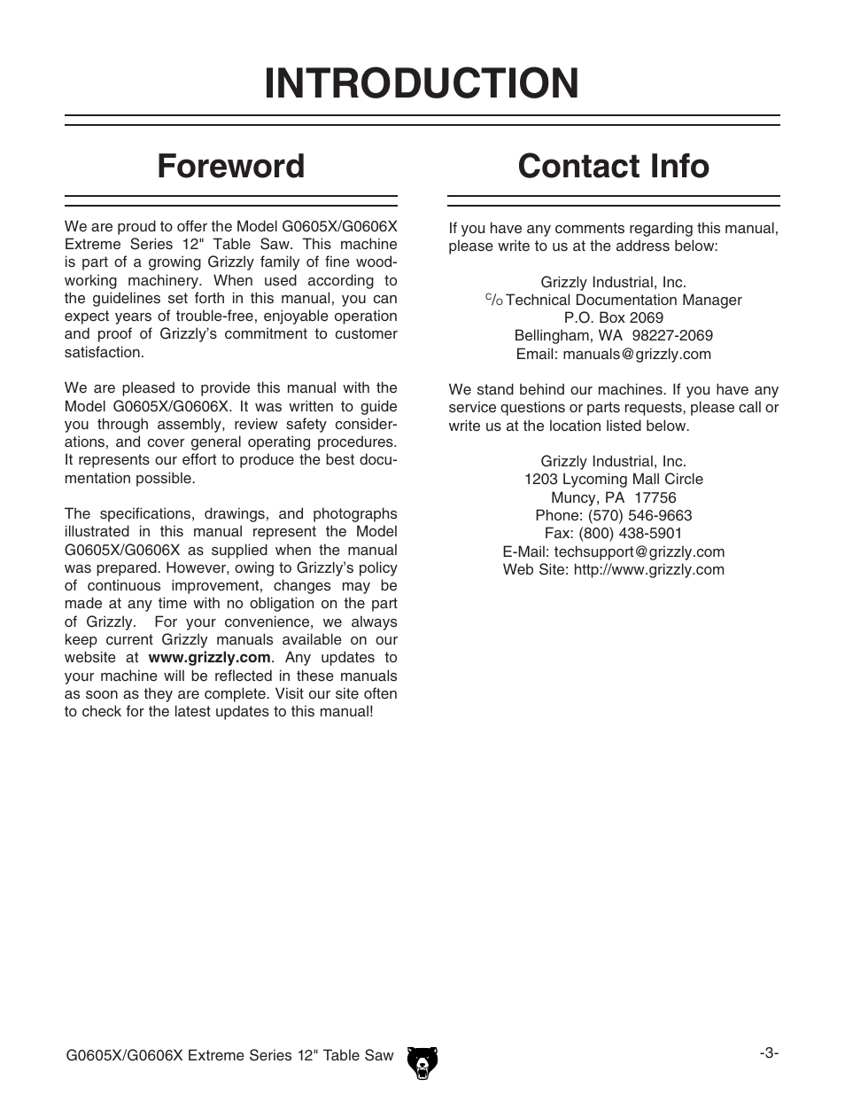 Introduction, Foreword, Contact info | Grizzly G0605X User Manual | Page 5 / 76