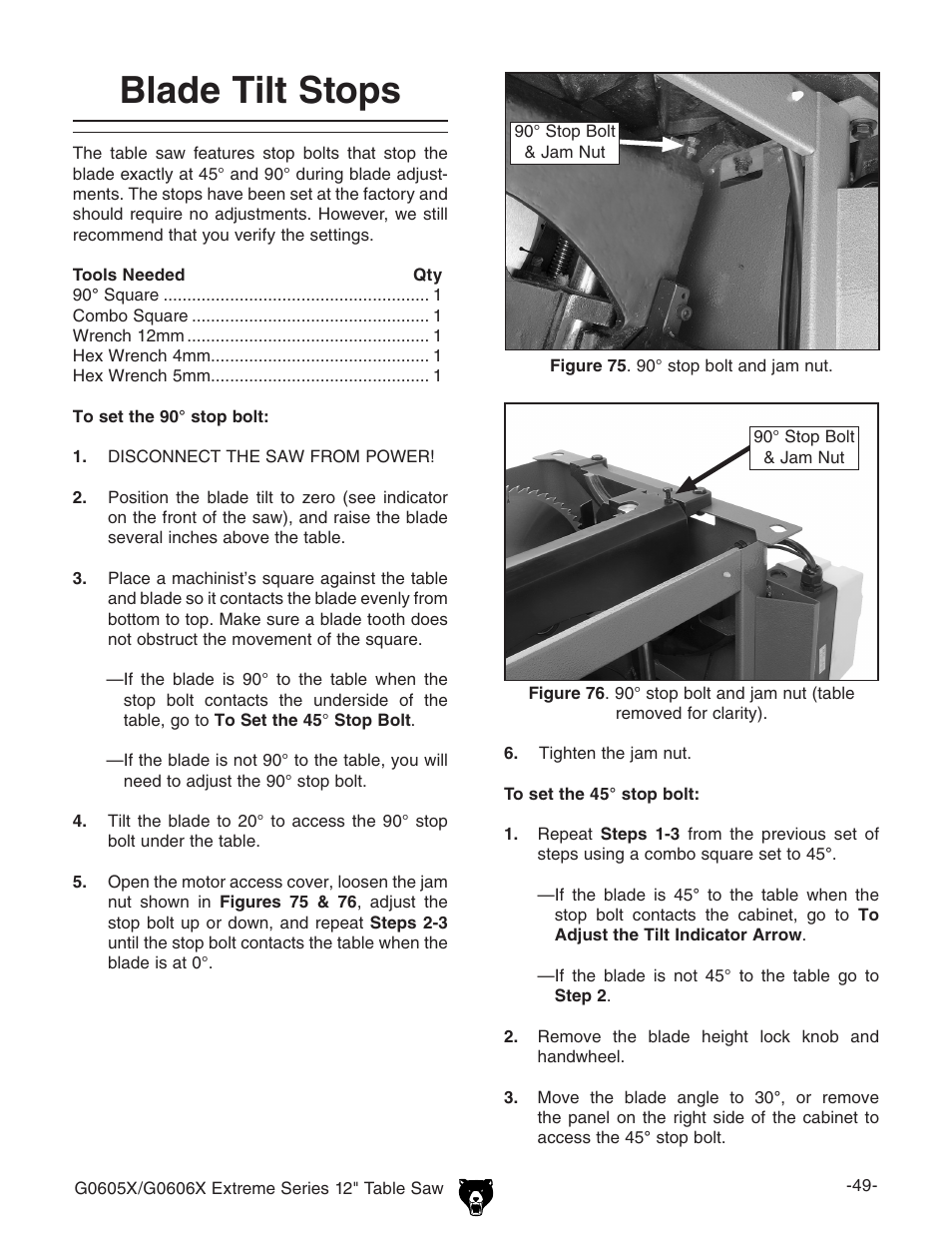 Blade tilt stops | Grizzly G0605X User Manual | Page 51 / 76