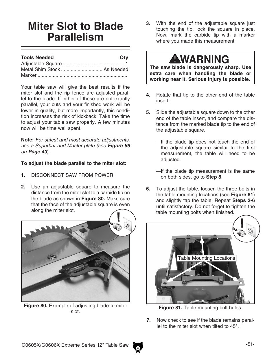 Miter slot to blade parallelism | Grizzly G0605X User Manual | Page 53 / 76