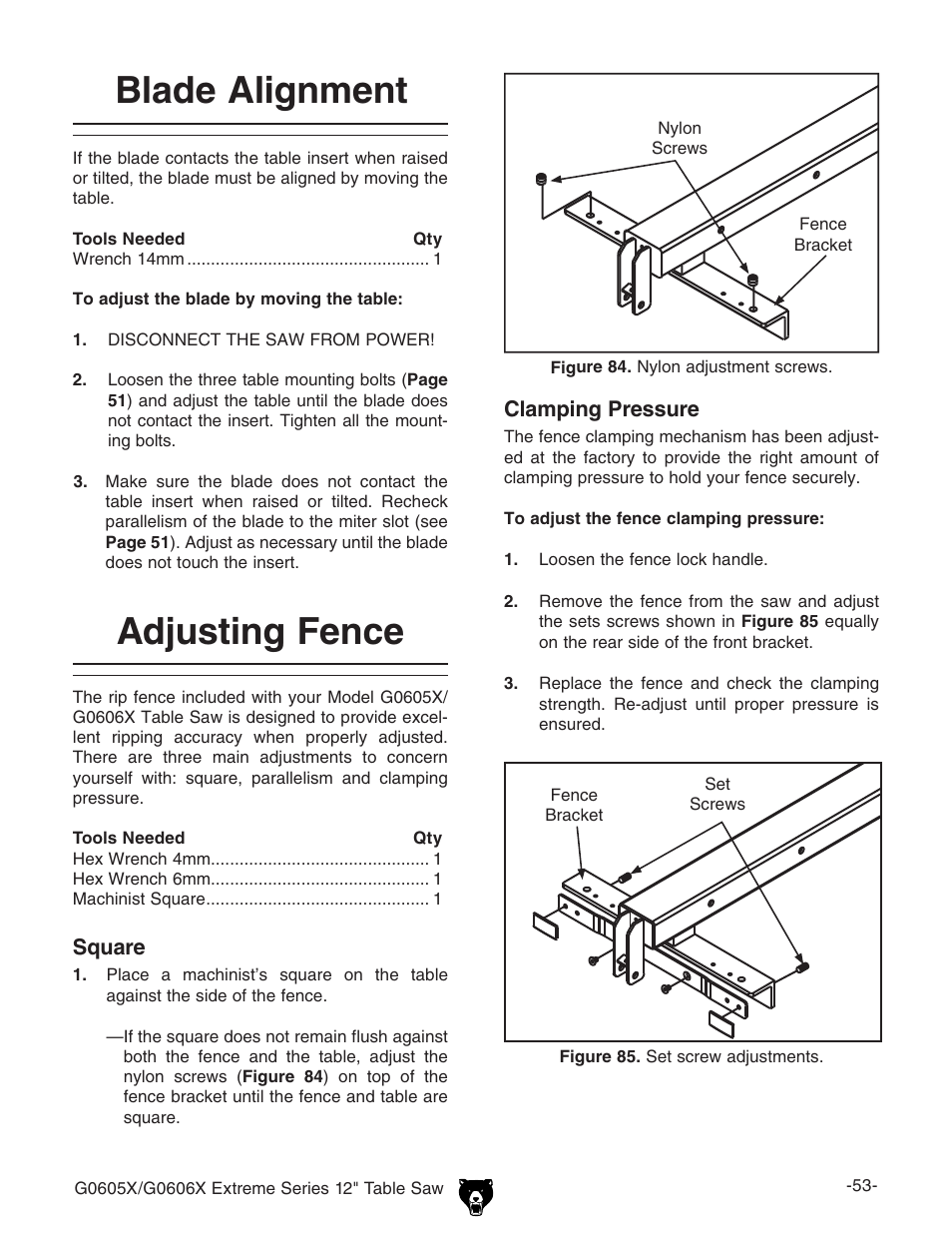 Blade alignment, Adjusting fence | Grizzly G0605X User Manual | Page 55 / 76