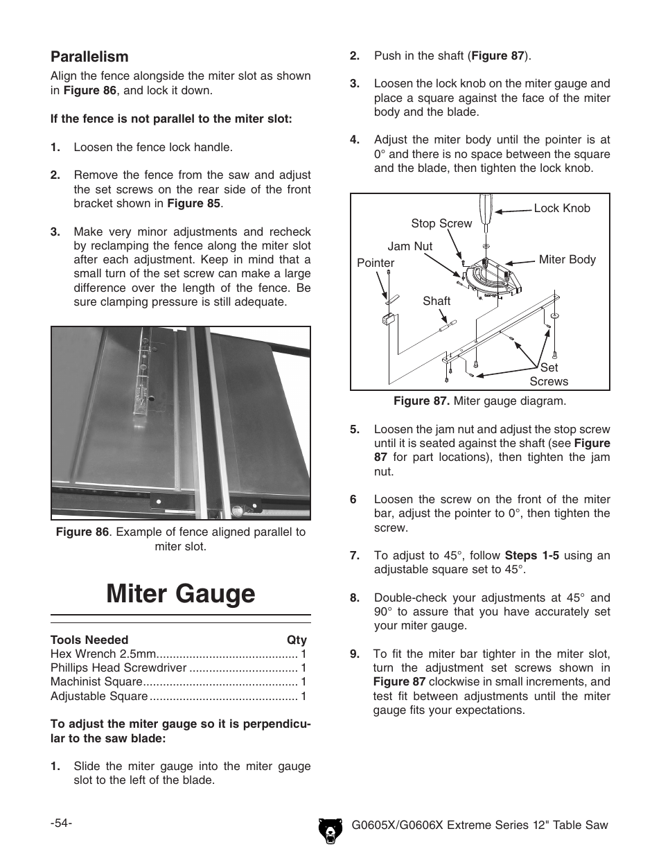 Miter gauge, Parallelism | Grizzly G0605X User Manual | Page 56 / 76