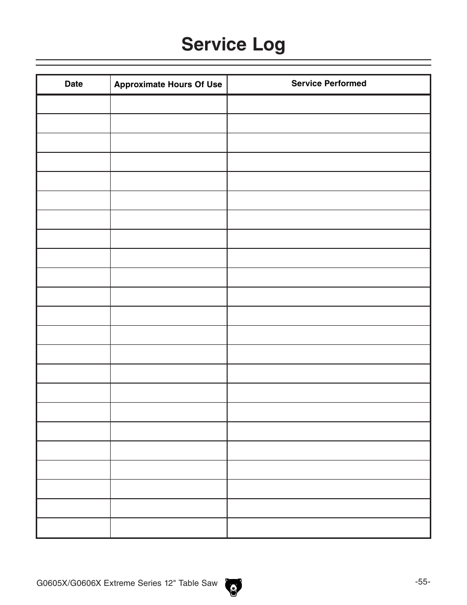 Service log | Grizzly G0605X User Manual | Page 57 / 76