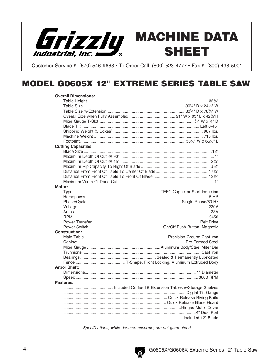 Machine data sheet | Grizzly G0605X User Manual | Page 6 / 76
