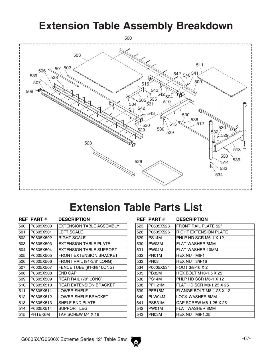 Extension table assembly breakdown, Extension table parts list | Grizzly G0605X User Manual | Page 69 / 76