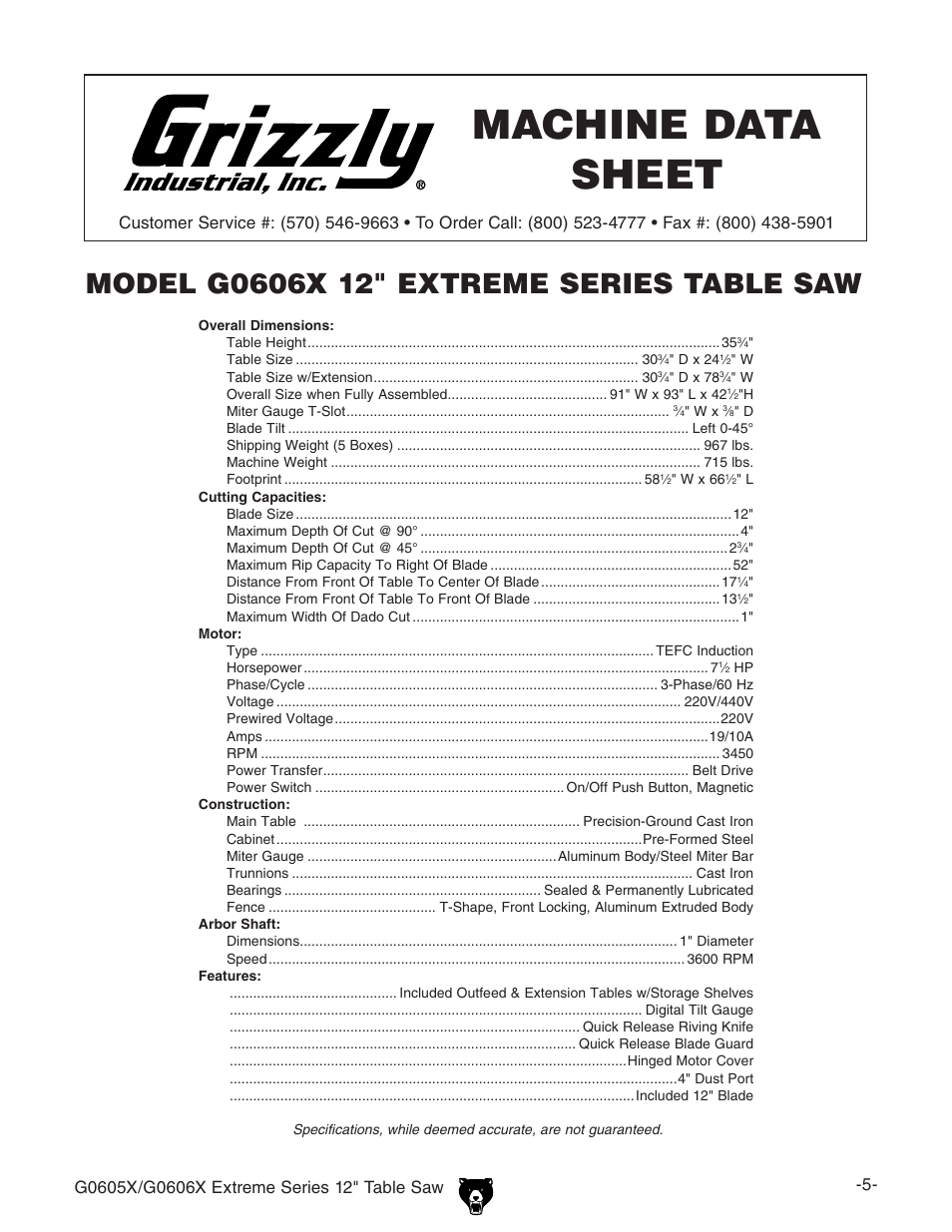 Machine data sheet | Grizzly G0605X User Manual | Page 7 / 76