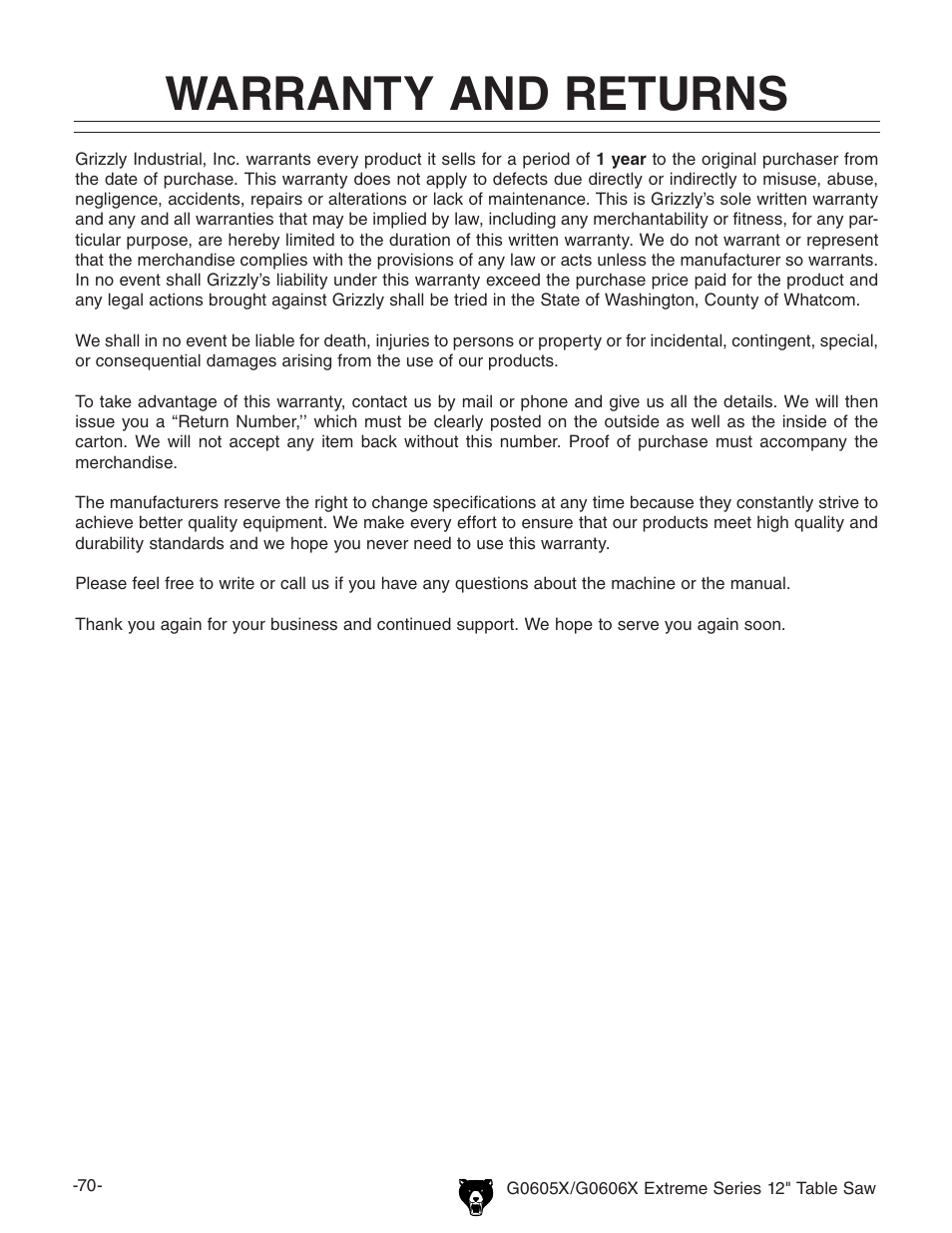 Warranty and returns | Grizzly G0605X User Manual | Page 72 / 76