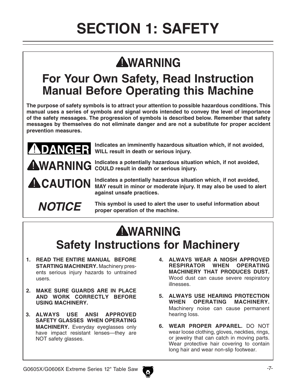 Saf et y in st ru ct io n s fo r m ac h in er y, Notice safety instructions for machinery | Grizzly G0605X User Manual | Page 9 / 76
