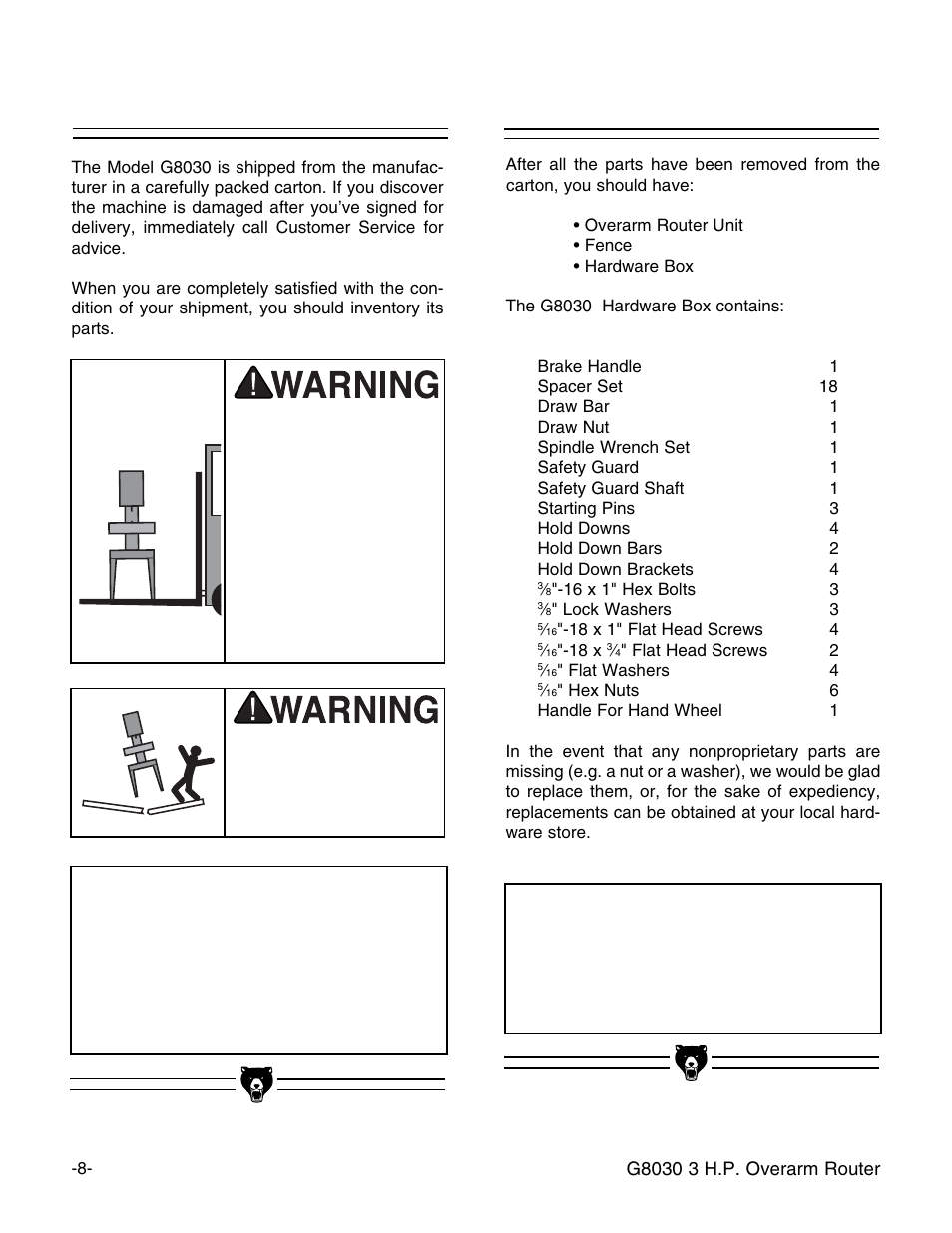 Unpacking piece inventory, Notice | Grizzly G8030 User Manual | Page 10 / 36