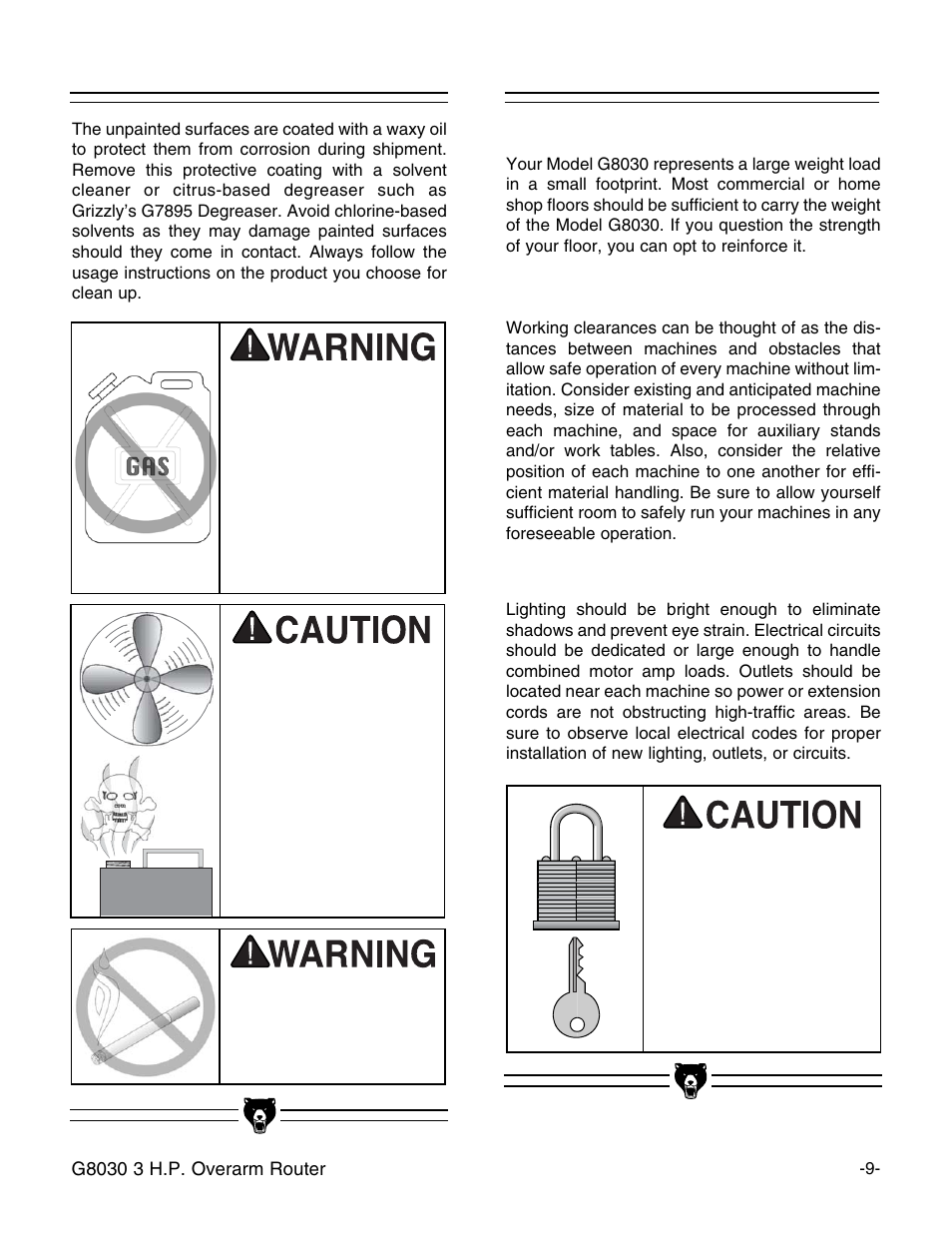 Clean up, Site considerations | Grizzly G8030 User Manual | Page 11 / 36