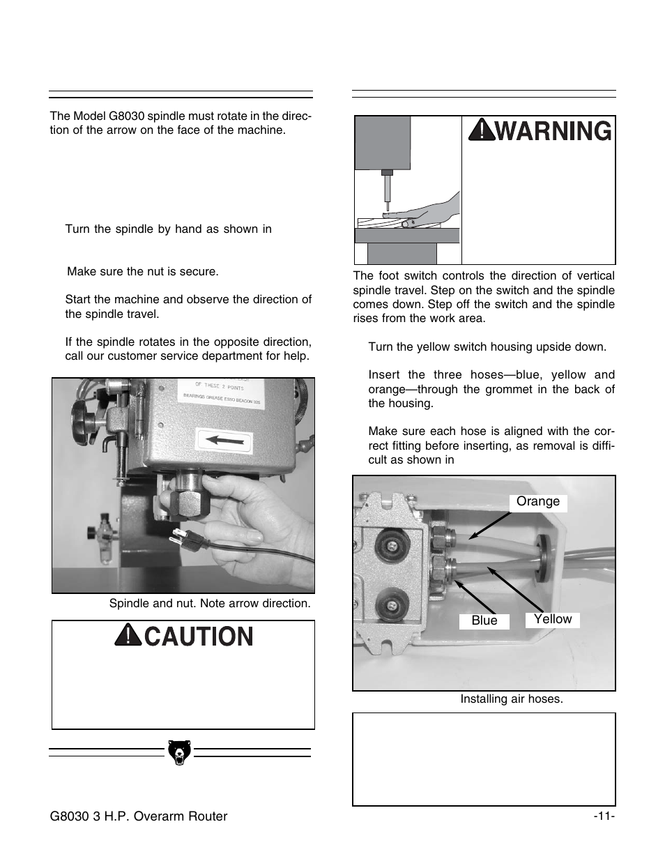 Air tubes/foot switch connection, Spindle rotation check, Notice | Grizzly G8030 User Manual | Page 13 / 36