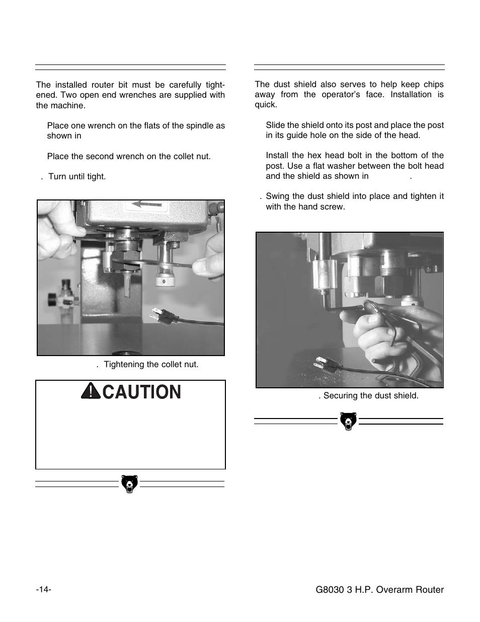 Bit tightening, Installing the shield | Grizzly G8030 User Manual | Page 16 / 36