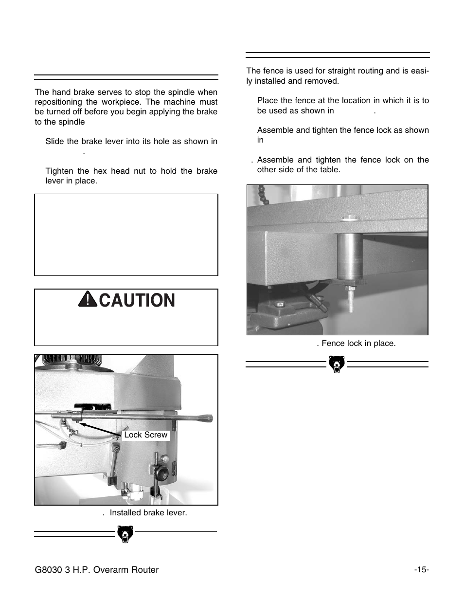 Installing the brake handle, Installing the fence, Notice | Grizzly G8030 User Manual | Page 17 / 36