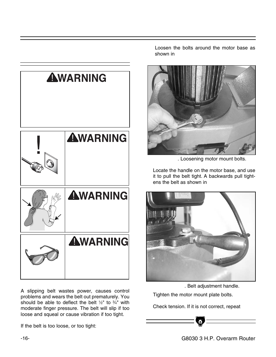 Adjusting the belt | Grizzly G8030 User Manual | Page 18 / 36