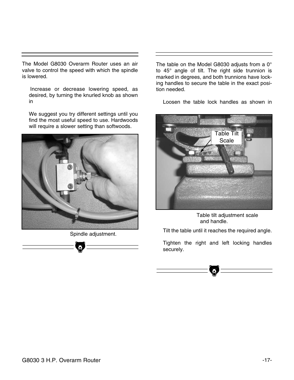 Spindle lowering speed, Table tilt adjustment | Grizzly G8030 User Manual | Page 19 / 36