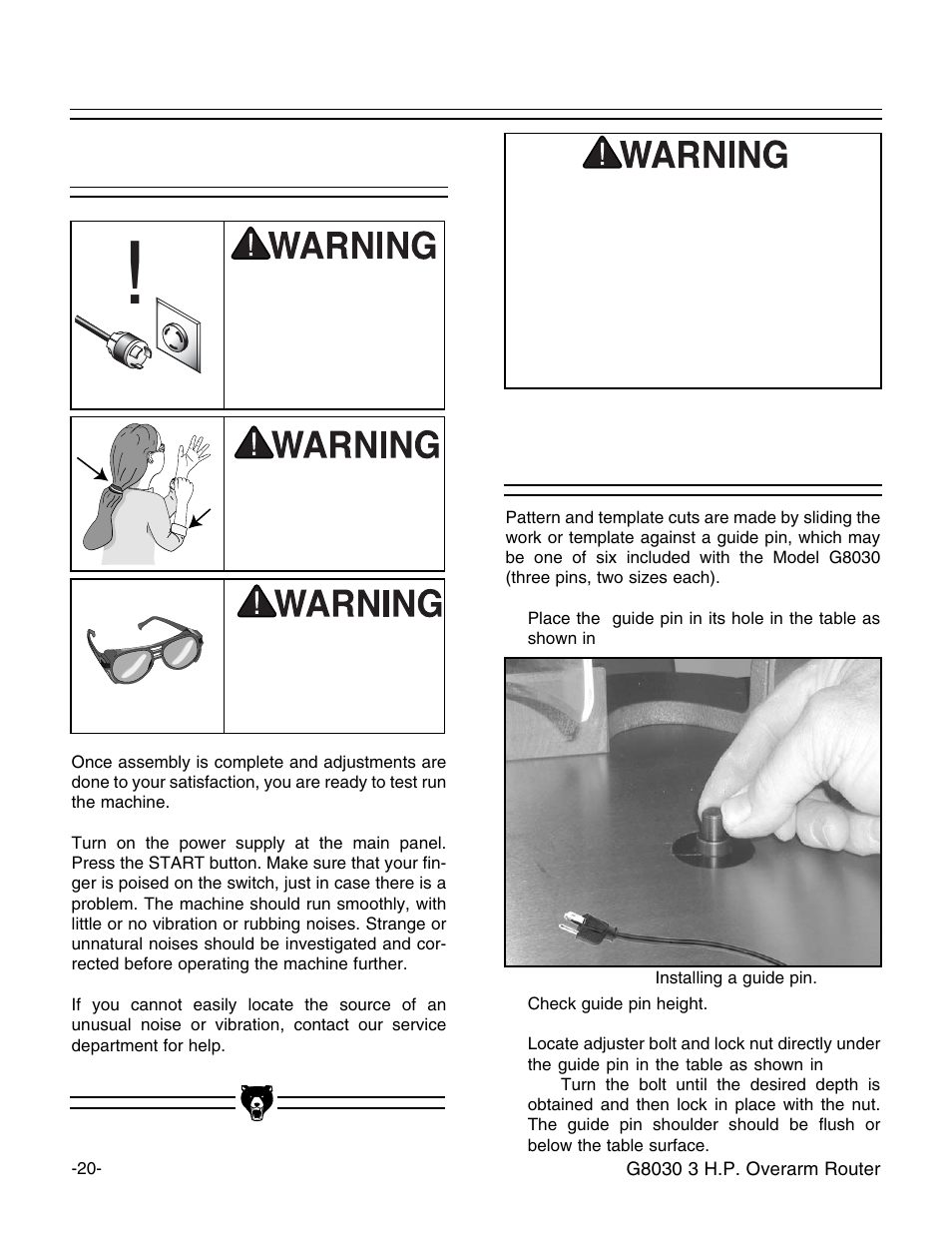 Test run guide pin installation | Grizzly G8030 User Manual | Page 22 / 36