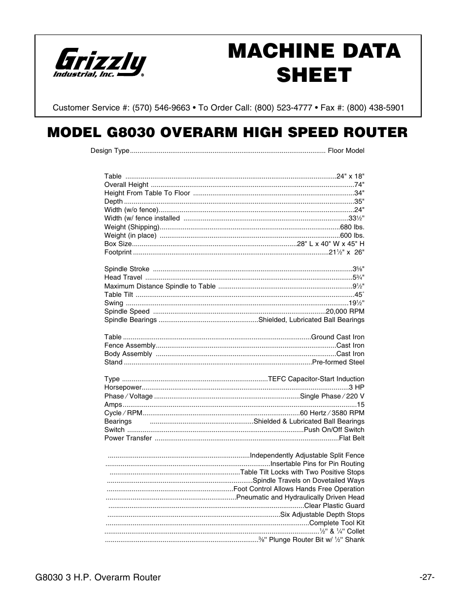 Machine data sheet, Model g8030 overarm high speed router | Grizzly G8030 User Manual | Page 29 / 36