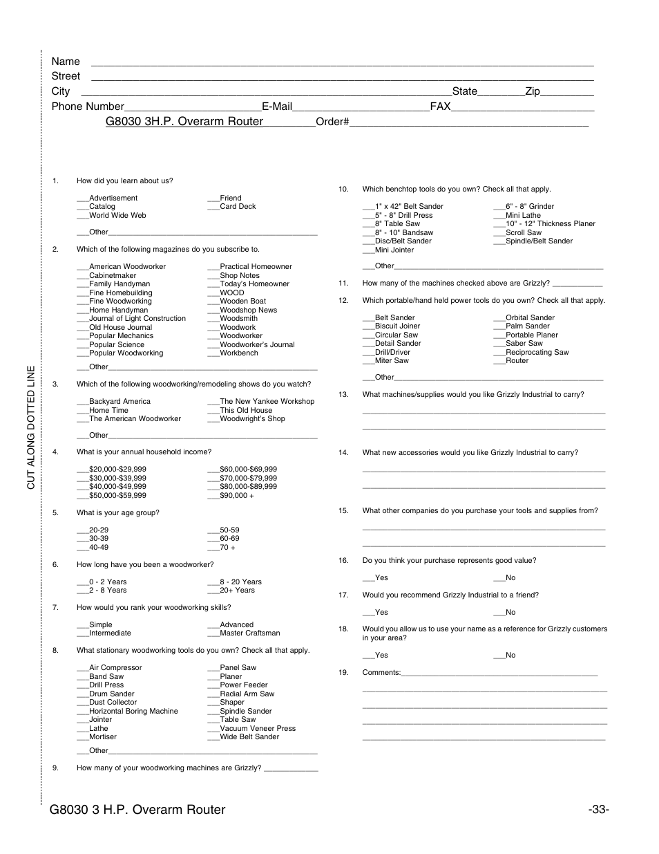 Warranty card, Order, Cut along dotted line | Grizzly G8030 User Manual | Page 35 / 36