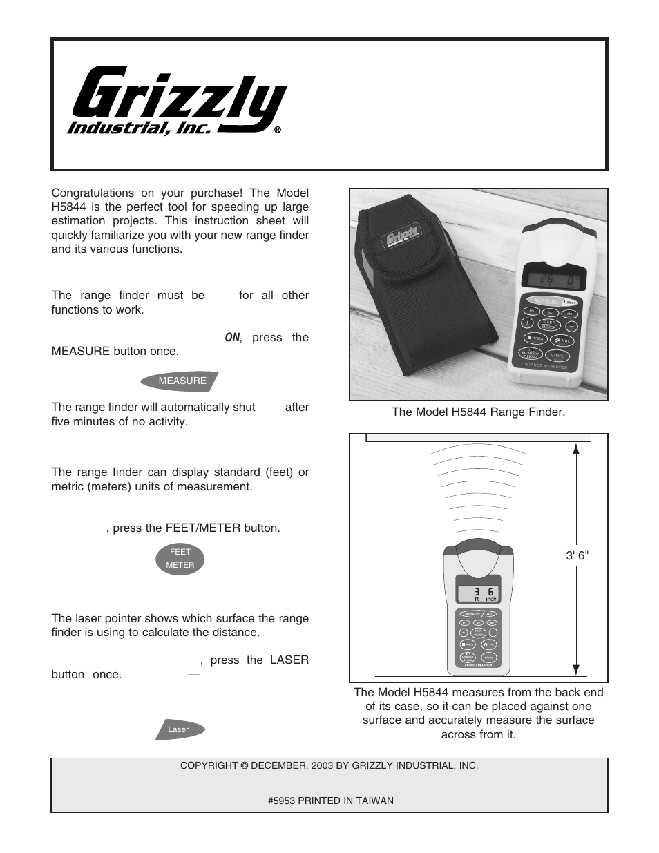 Grizzly 60' Range Finder H5844 User Manual | 2 pages