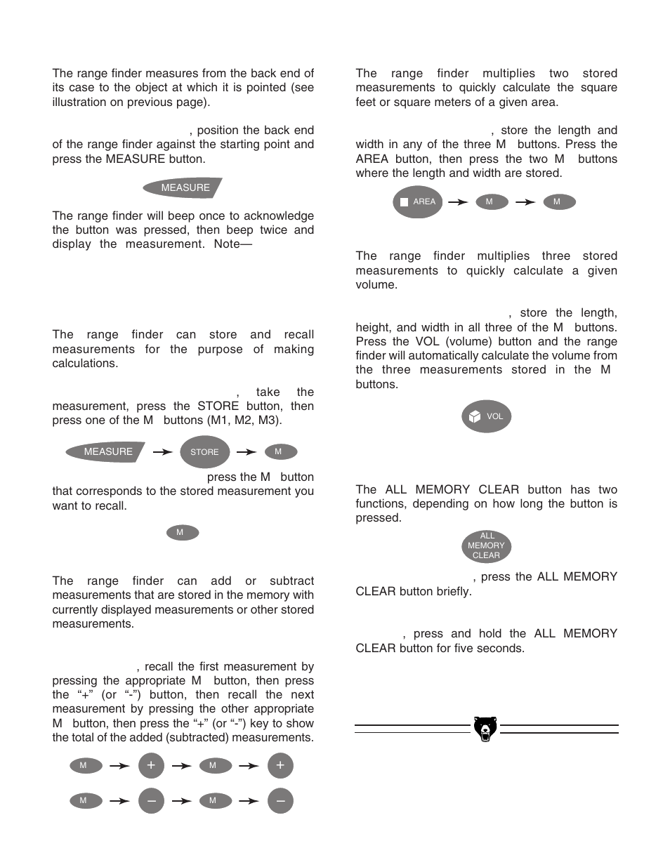 Clearing display & clearing stored measurements, Calculating volume, Calculating area | Addition/subtraction, Storing & recalling measurements, Measuring distances | Grizzly 60' Range Finder H5844 User Manual | Page 2 / 2