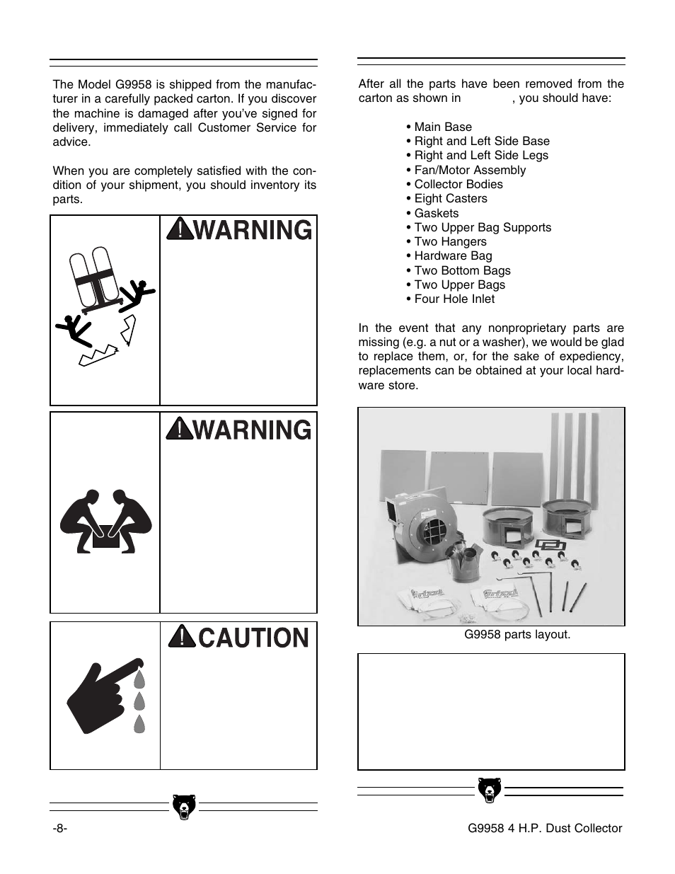 Unpacking piece inventory, Notice | Grizzly G9958 User Manual | Page 10 / 28