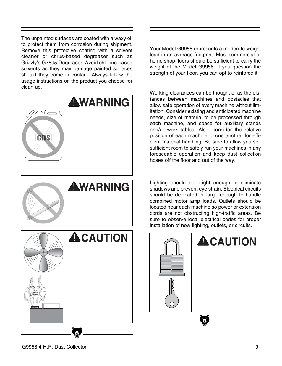 Clean up, Site considerations | Grizzly G9958 User Manual | Page 11 / 28