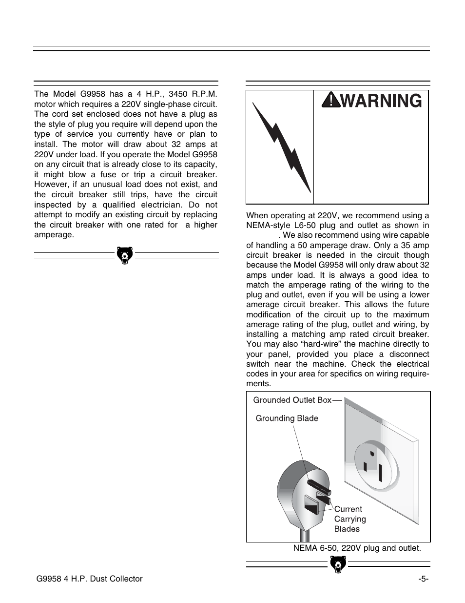 220v operation circuit load | Grizzly G9958 User Manual | Page 7 / 28