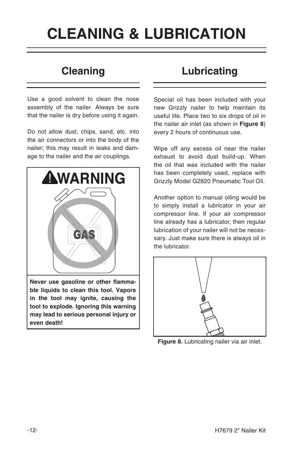 Cleaning & lubrication, Cleaning, Lubricating | Grizzly H7679 User Manual | Page 14 / 20