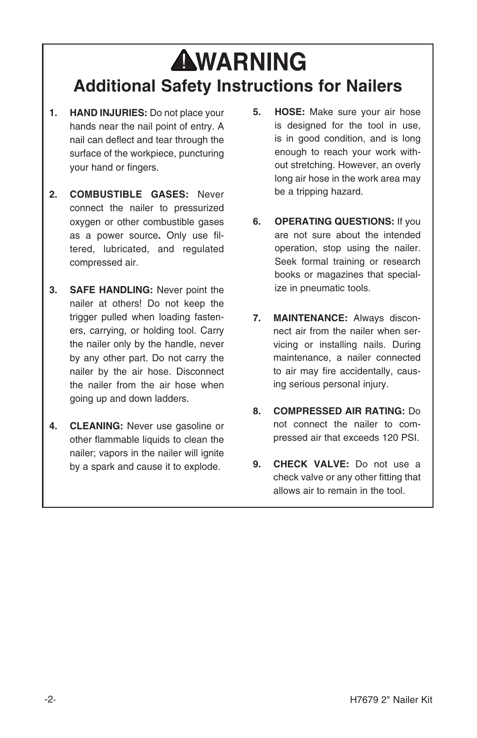 Additional safety instructions for nailers | Grizzly H7679 User Manual | Page 4 / 20