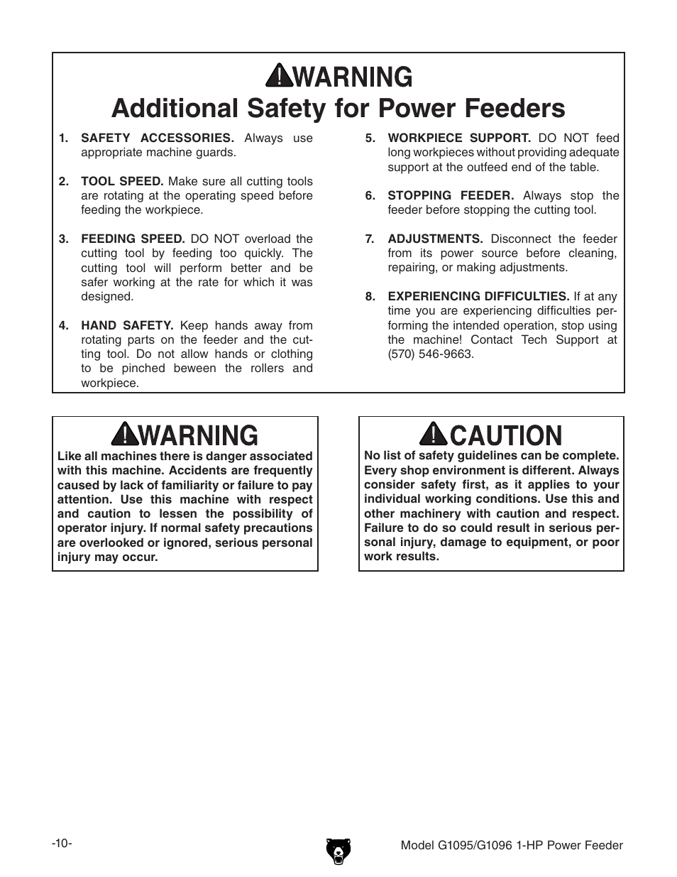 Additional safety for power feeders | Grizzly G1095/G1096 User Manual | Page 12 / 36