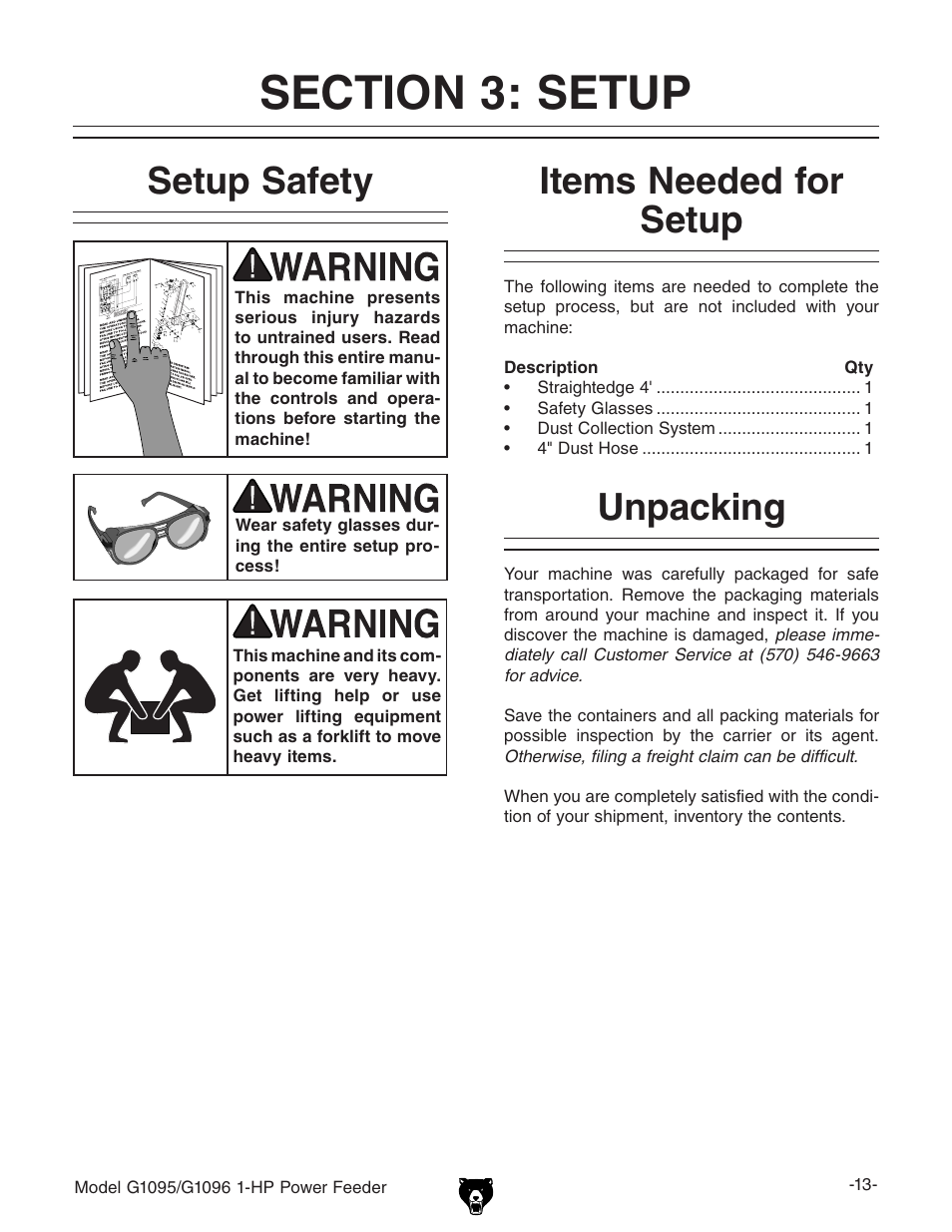 Setup safety, Items needed for setup, Unpacking | Grizzly G1095/G1096 User Manual | Page 15 / 36