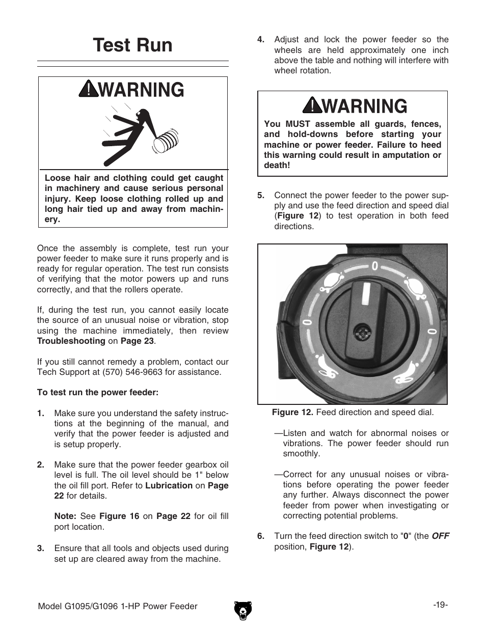 Test run | Grizzly G1095/G1096 User Manual | Page 21 / 36