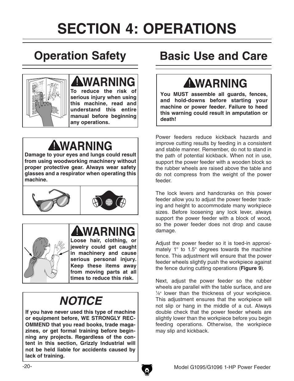 Operation safety, Notice, Basic use and care | Grizzly G1095/G1096 User Manual | Page 22 / 36