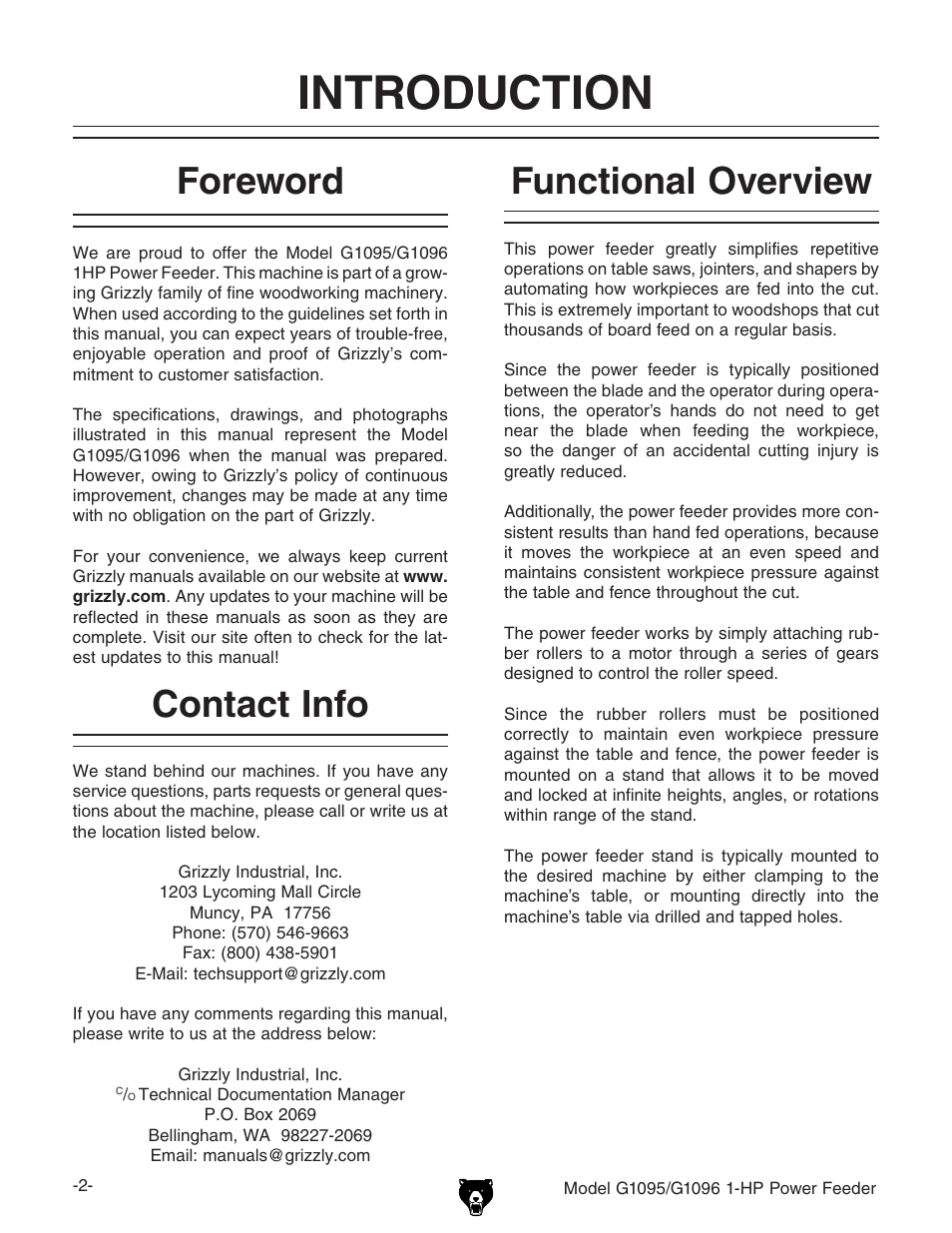 Introduction, Foreword, Contact info | Functional overview | Grizzly G1095/G1096 User Manual | Page 4 / 36