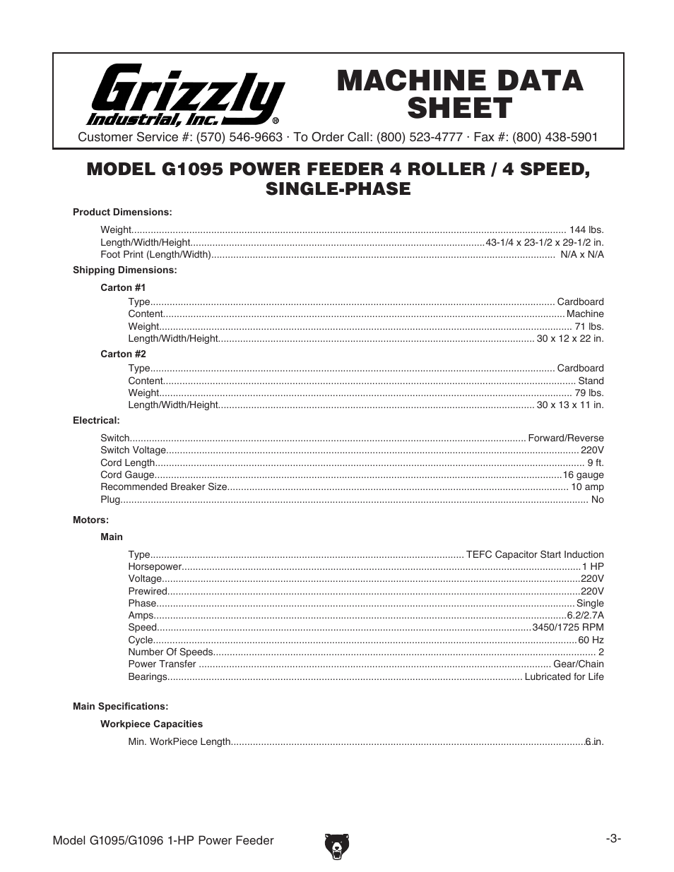 Machine data sheet | Grizzly G1095/G1096 User Manual | Page 5 / 36