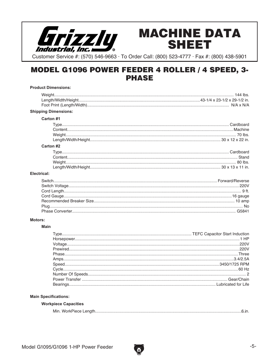 Machine data sheet | Grizzly G1095/G1096 User Manual | Page 7 / 36