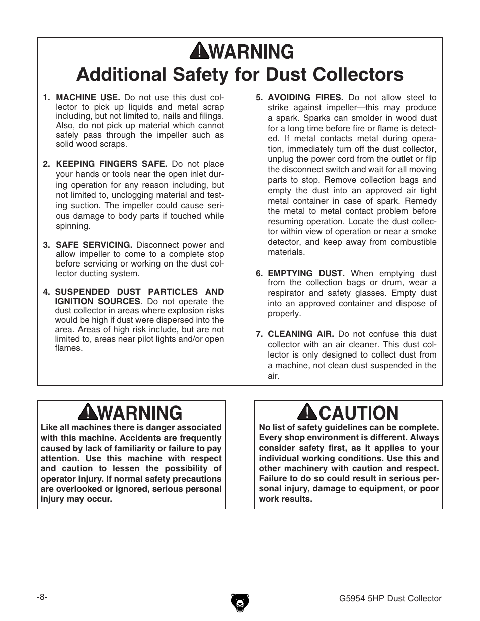 Additional safety for dust collectors | Grizzly G5954 User Manual | Page 10 / 32