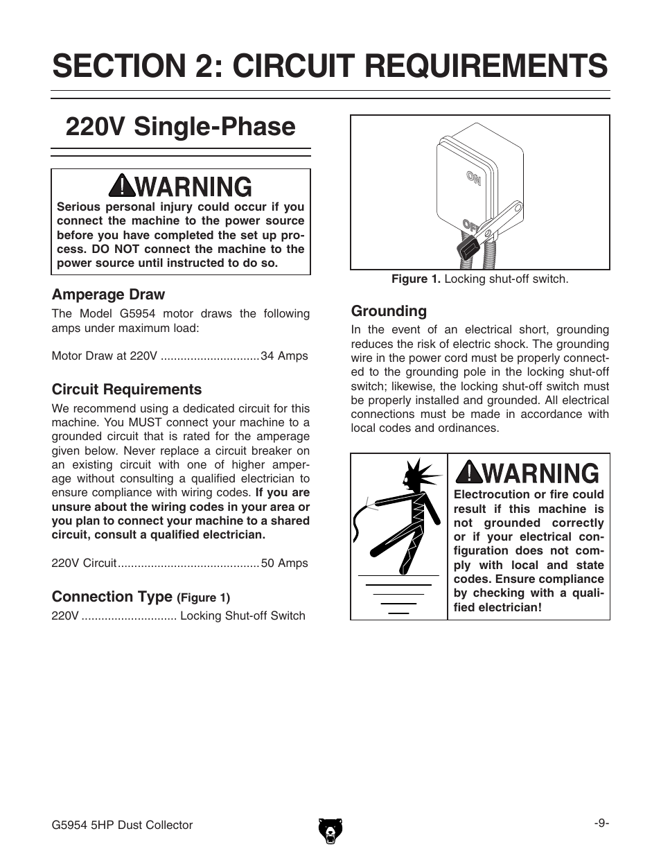 220v single-phase | Grizzly G5954 User Manual | Page 11 / 32